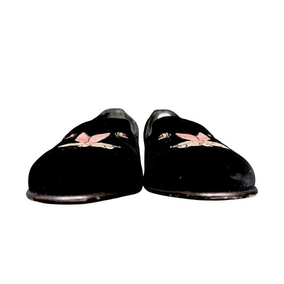 Gucci Flying Pig Embroidered Men\'s 7.5 Black Velvet Loafers Slippers Luxury